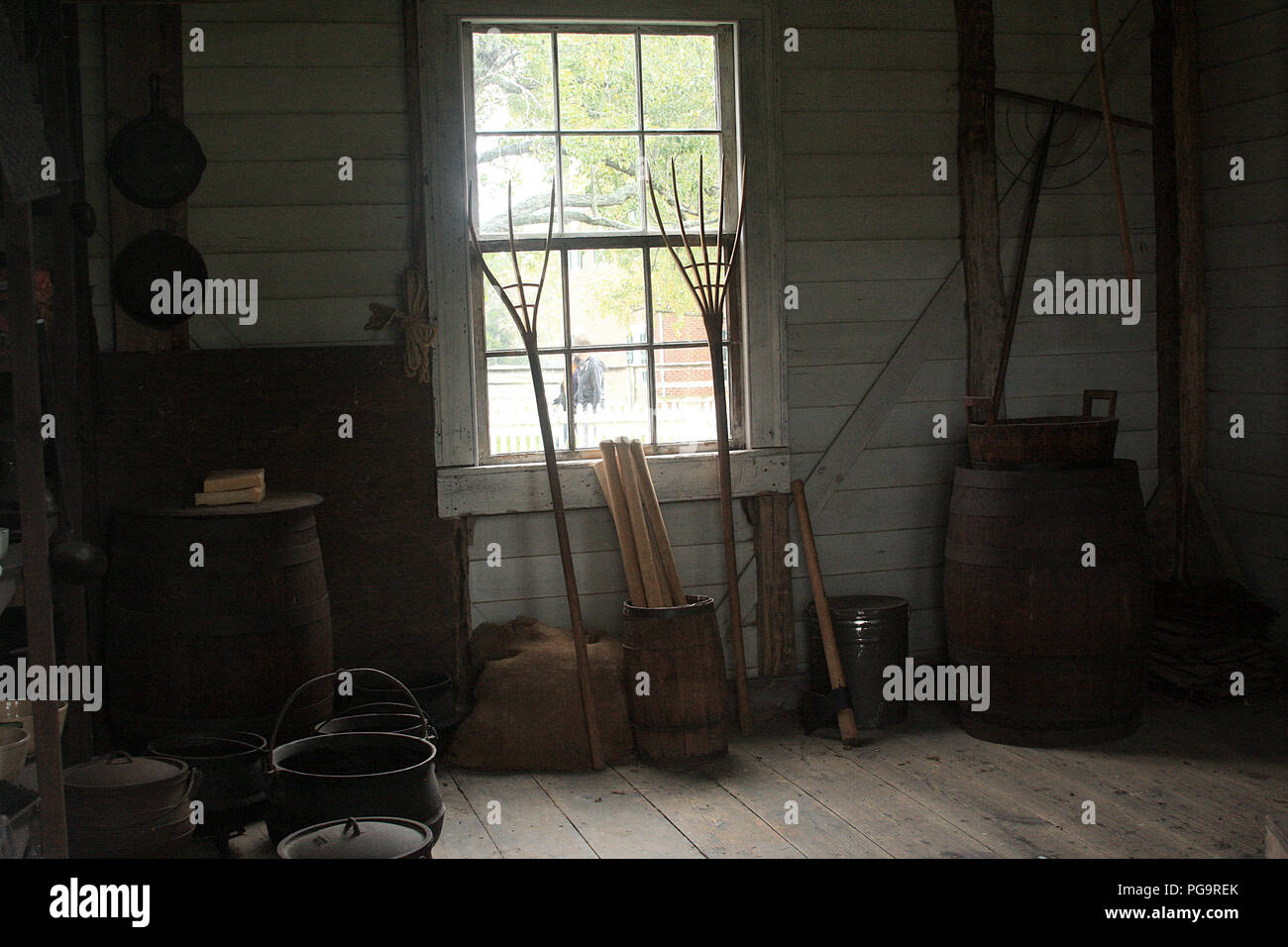 19th century farm tools and household items exhibited at Historical Appomattox Court House, Virginia Stock Photo