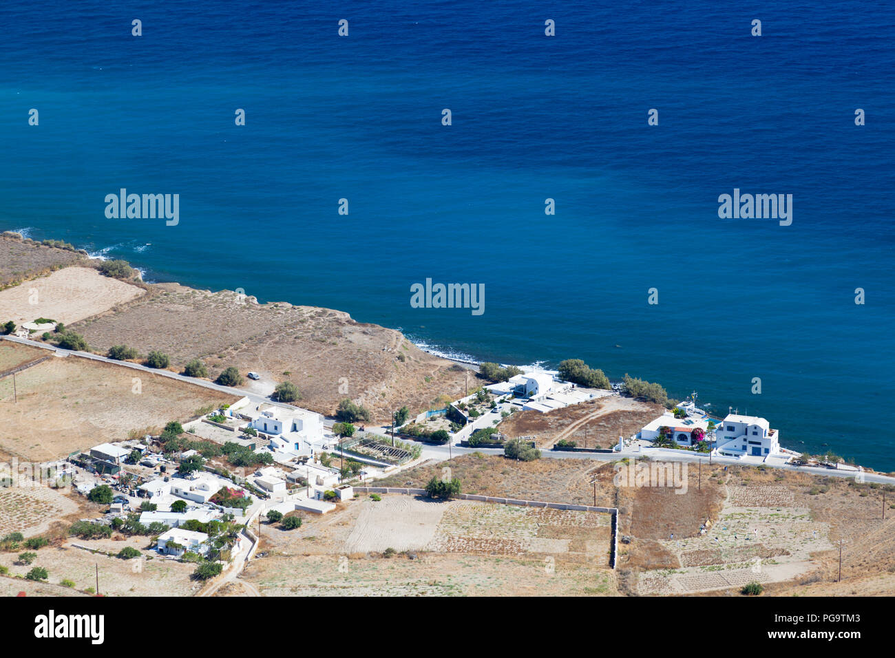 Villages and buildings at the northern coastline of Santorini, Greece. Stock Photo