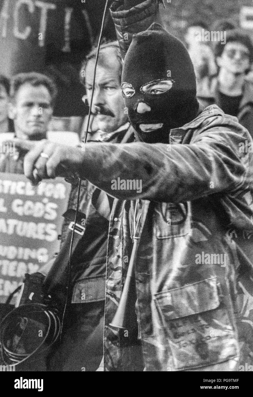 A man with his face hidden inside a balaclava at an animal rights demonstration near Buirmingham, circa 1984 Stock Photo