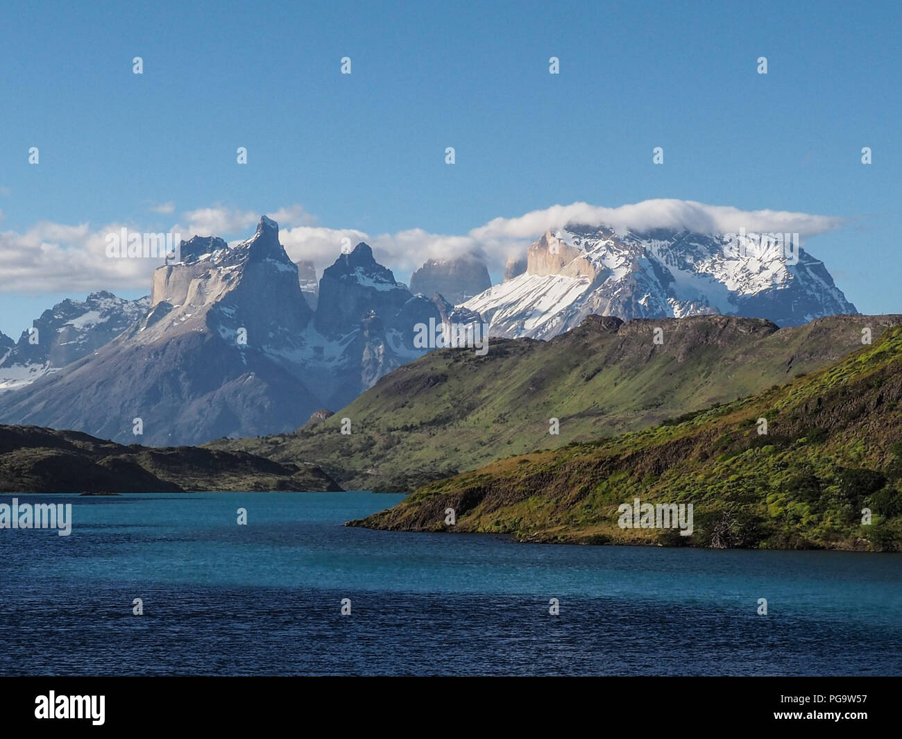 Torres del Paine National Park (spanish: Parque Nacional Torres del Paine) with the  Towers of Paine and Paine Horns, southern Chilean Patagonia. Stock Photo