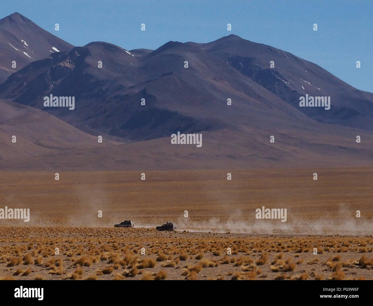 Four wheeler cars drive off-road on plato Altiplano, Bolivia. Stock Photo