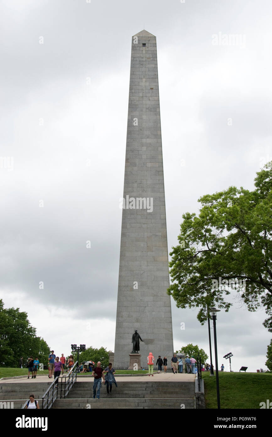 The Bunker Hill Monument, a 221-foot granite obelisk, commemorates the Battle of Bunker Hill in the American Revolution, Charlestown, Mass. Stock Photo