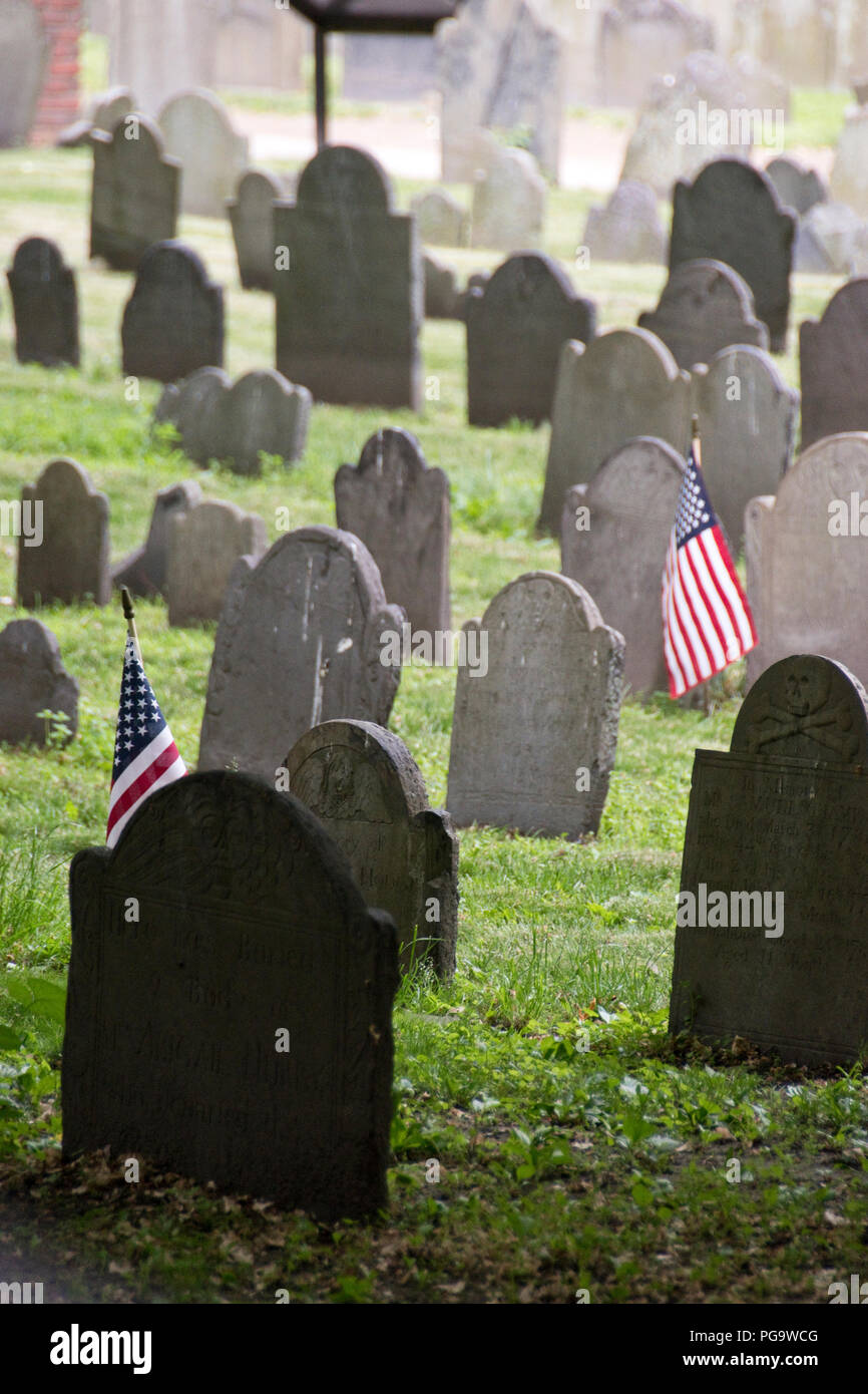 Colonial grave stones in the Granary Burying Ground, which contains the graves of many famous Revolutionary War patriots, Boston, Massachusetts. Stock Photo