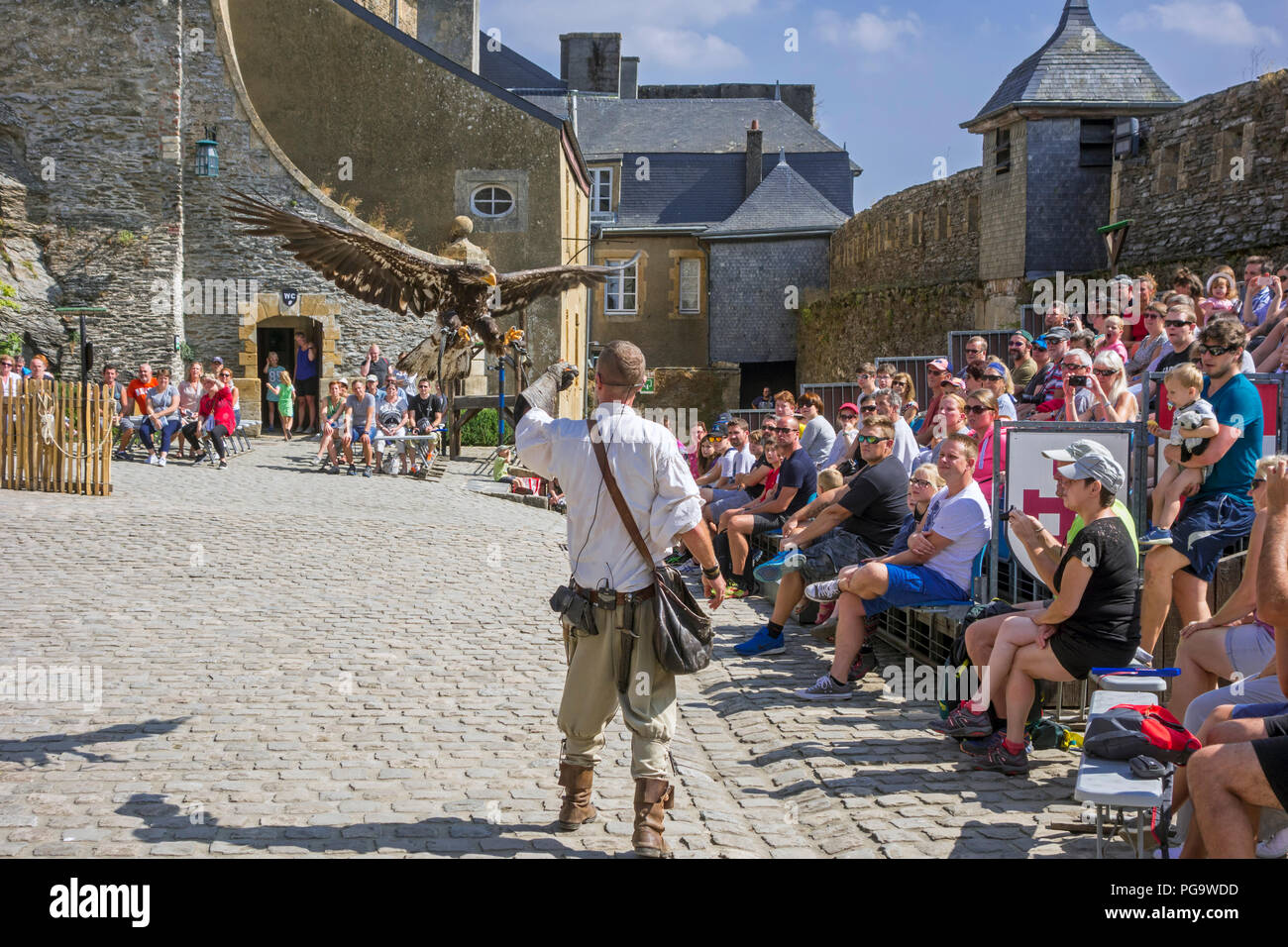 Tourists watching falconry / bird of prey show in the Château de Bouillon Castle, Luxembourg Province, Belgian Ardennes, Belgium Stock Photo