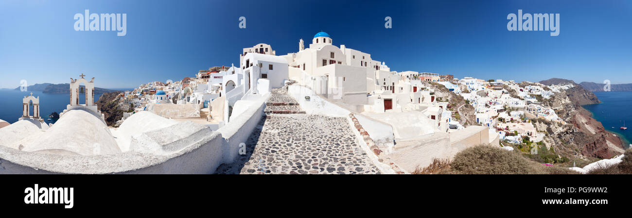 Panorama of the village Oia in Santorini, Greece. View to the village. Stock Photo