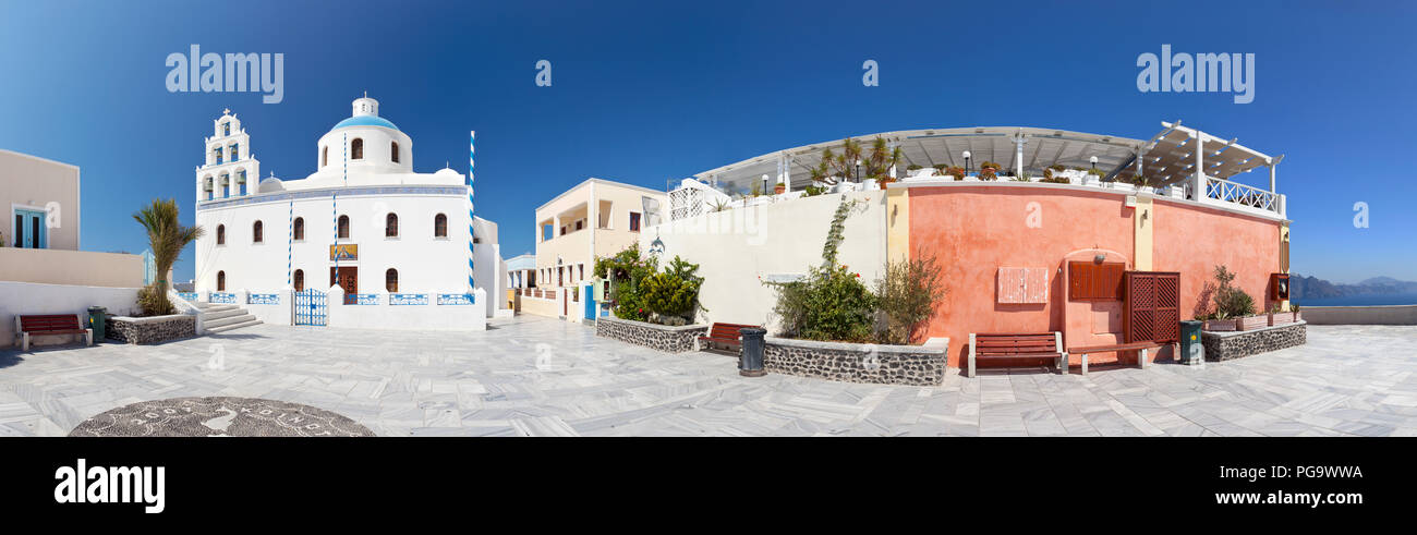 Panorama of the little square with the Church Of Panagia in Oia, Santorini. Stock Photo