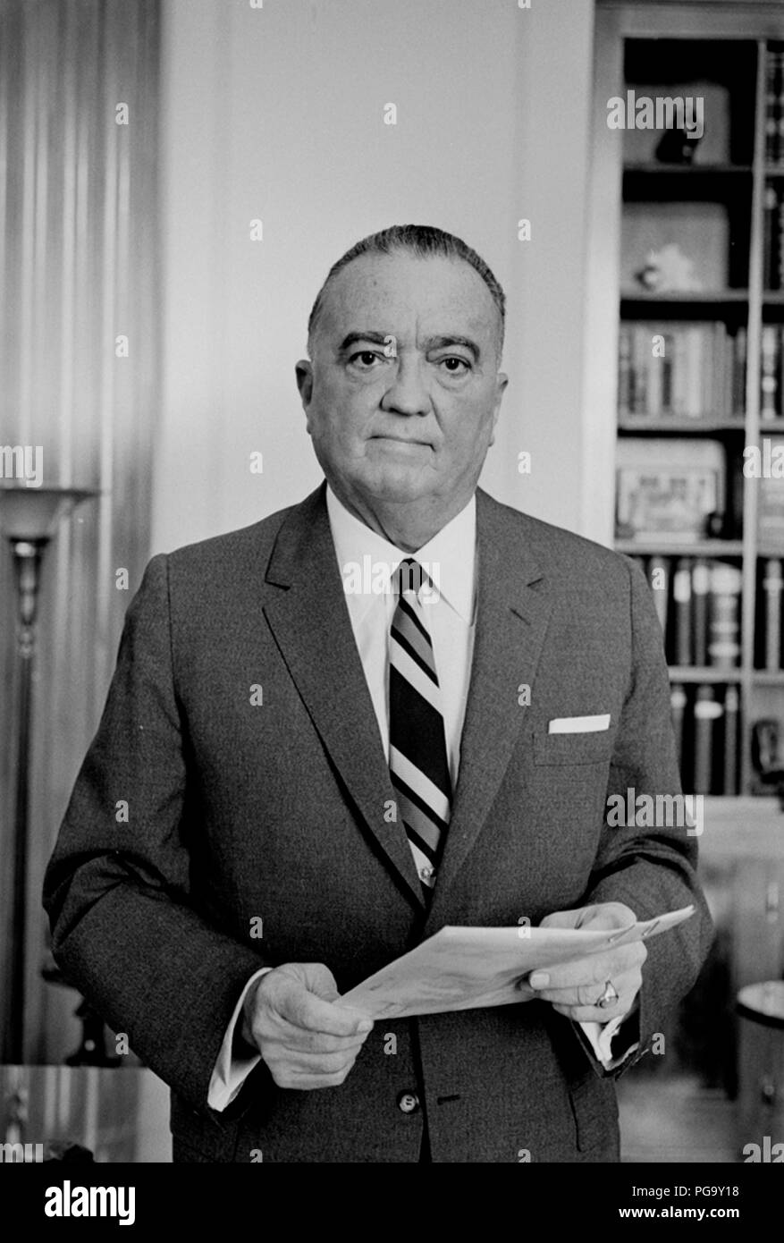 John Edgar Hoover (January 1, 1895 – May 2, 1972) was an American law enforcement administrator and the first Director of the Federal Bureau of Investigation (FBI) of the United States. He was appointed as the director of the Bureau of Investigation –the FBI's predecessor – in 1924 and was instrumental in founding the FBI in 1935, where he remained director for over 37 years until his death in 1972 at the age of 77. Hoover has been credited with building the FBI into a larger crime-fighting agency than it was at its inception and with instituting a number of modernizations to police technology Stock Photo