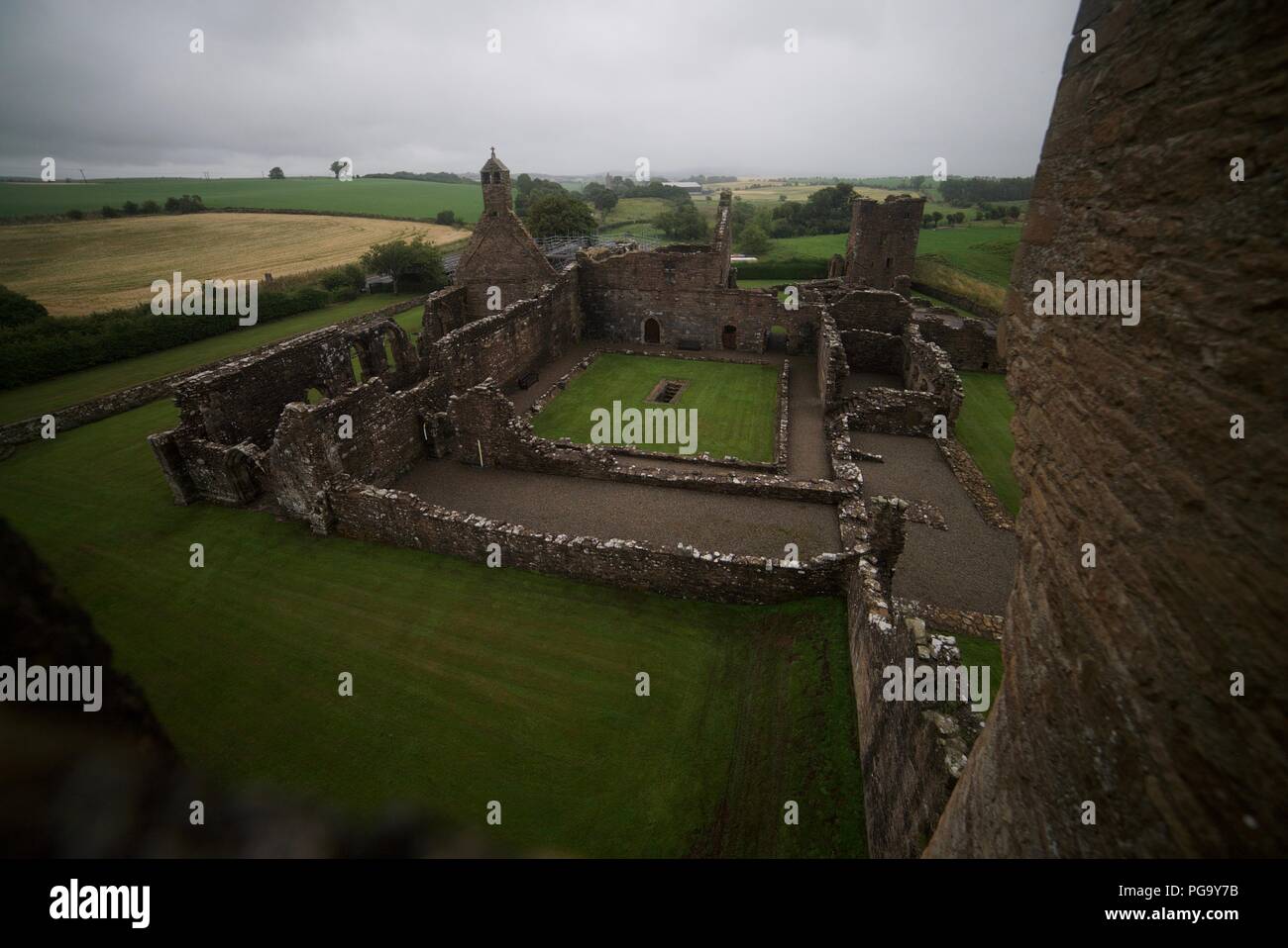 High view Crossraguel Abbey, ruins of an old Abbey in Maybole, Ayrshire, Scotland, seen from the Gate Tower. Stock Photo