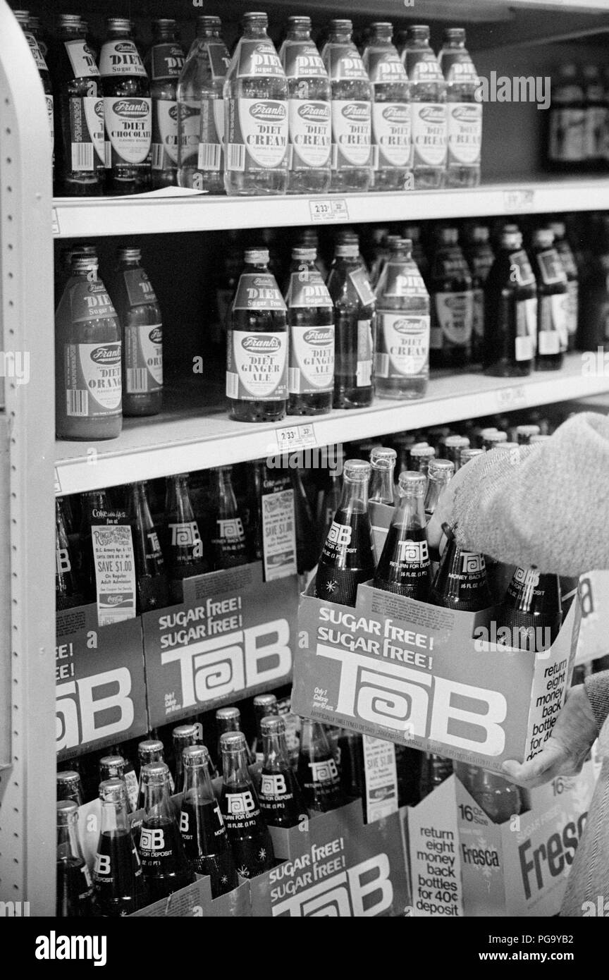 Food products containing Saccharin at a Giant Food store. Sodium saccharin (benzoic sulfimide) is an artificial sweetener with effectively no food energy. It is about 300–400 times as sweet as sucrose but has a bitter or metallic aftertaste, especially at high concentrations. Saccharin is used to sweeten products such as drinks, candies, cookies, and medicines. Stock Photo