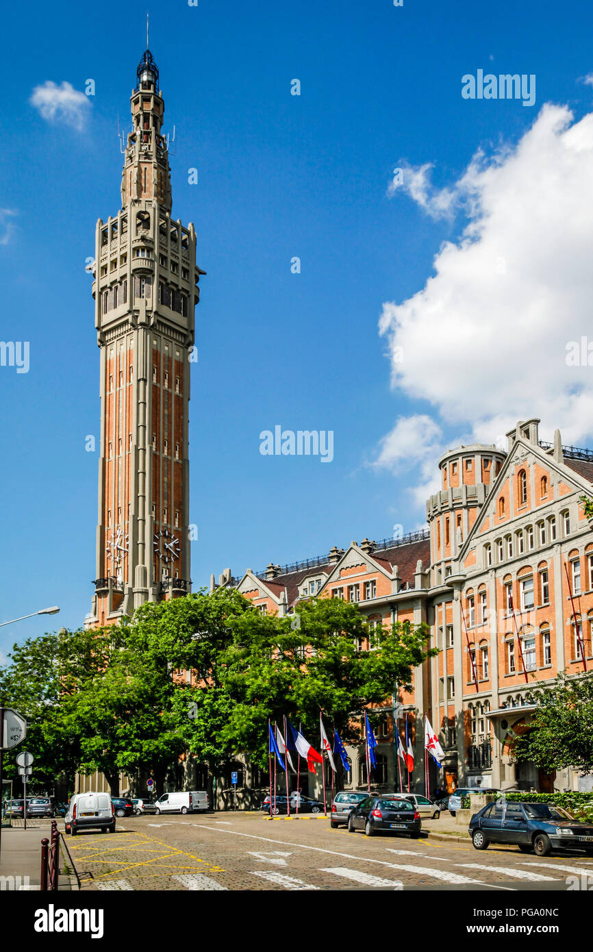 The belfry of the Chamber of Commerce from the Place du General de Gaulle, also known as the Grand Place in Lille, France Stock Photo