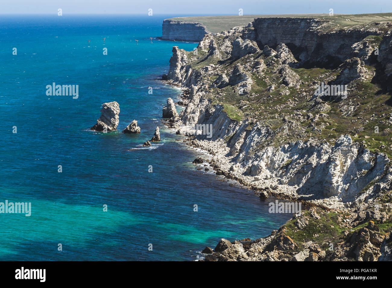 Coast Dzhangul in Crimea. Idyllic paradise landscape with crystal clear water and cliff beach Stock Photo