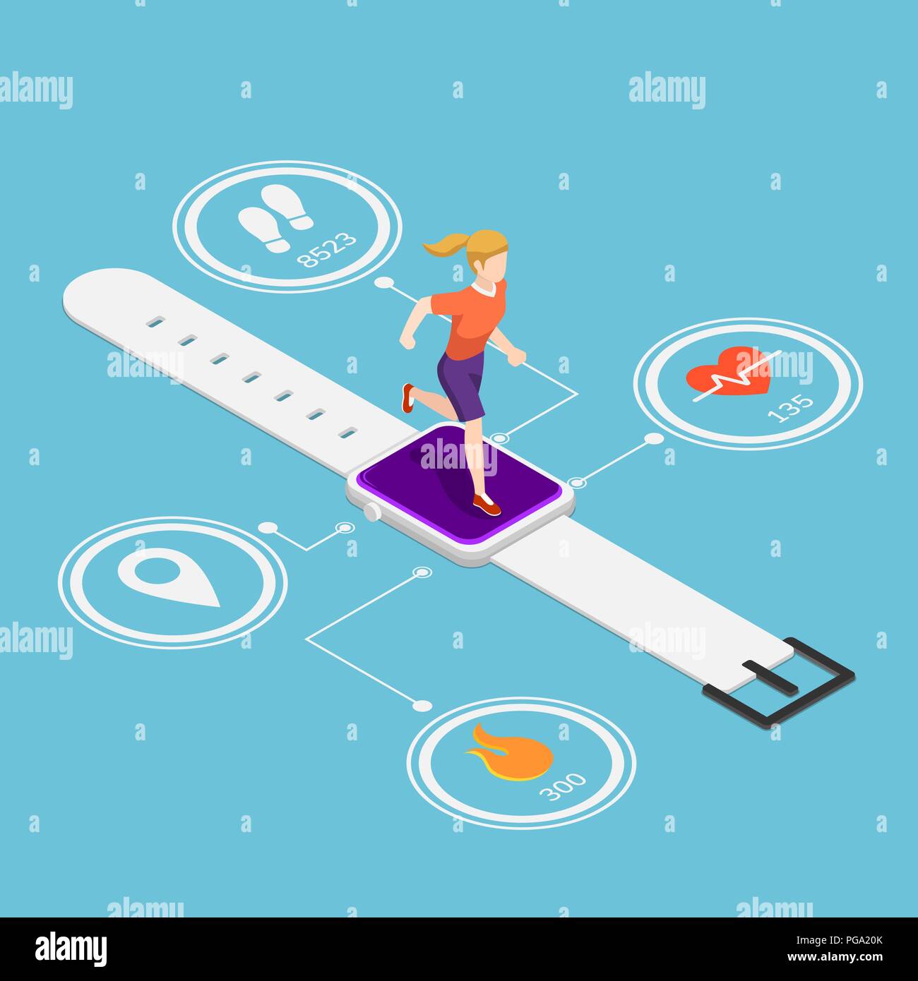 Flat 3d isometric woman running on smartwatch with heart rate monitors, counting calories, count steps and GPS technolog function. Wearable device tec Stock Vector