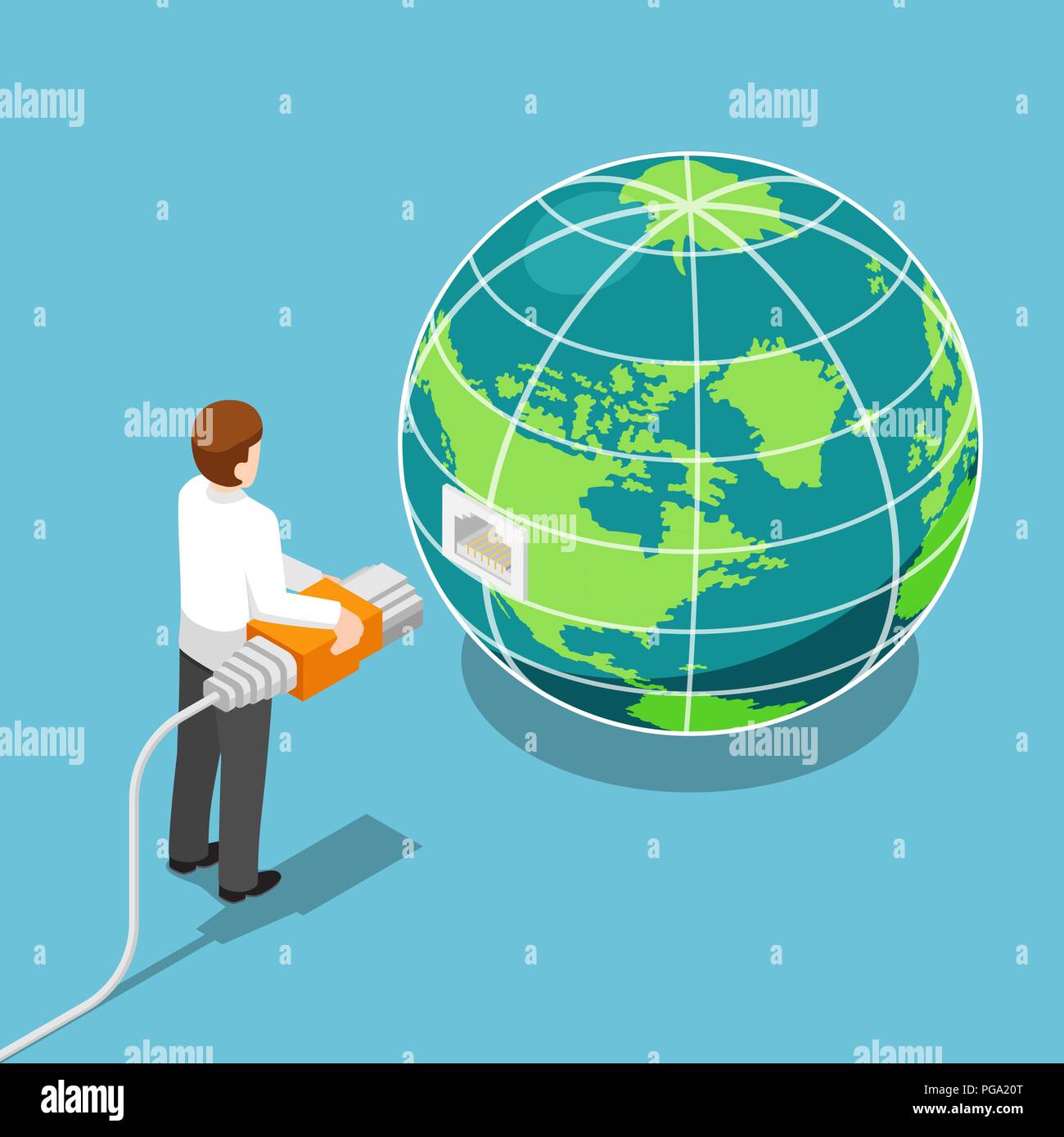 Flat 3d isometric businessman connecting network cable to the world. Global communication and network connection concept. Stock Vector
