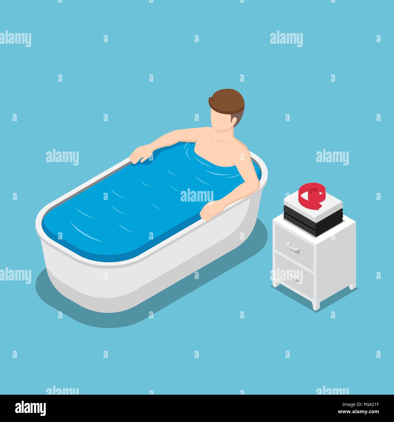 Flat 3d isometric businessman take a bath and relaxing in the bathtub. Relax concept. Stock Vector
