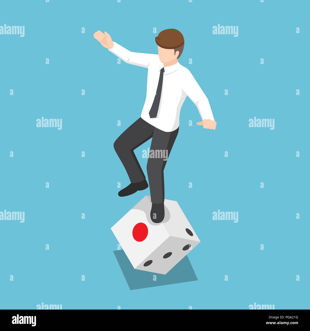 Flat 3d isometric businessman try to standing on rolling dice. Business