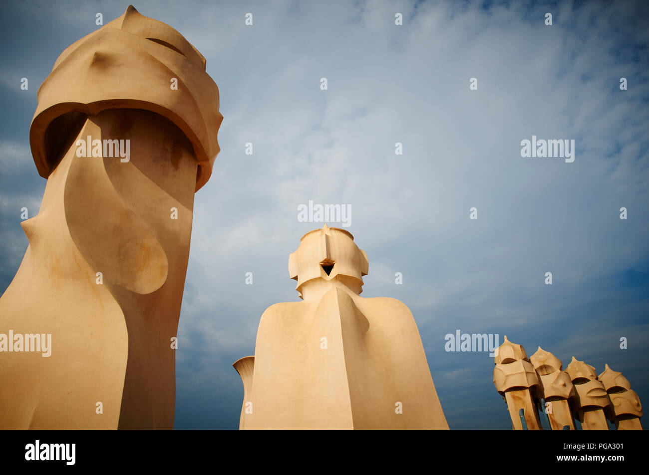 Sculptural structures on the roof top of Casa Milà known as La Pedrera Stock Photo