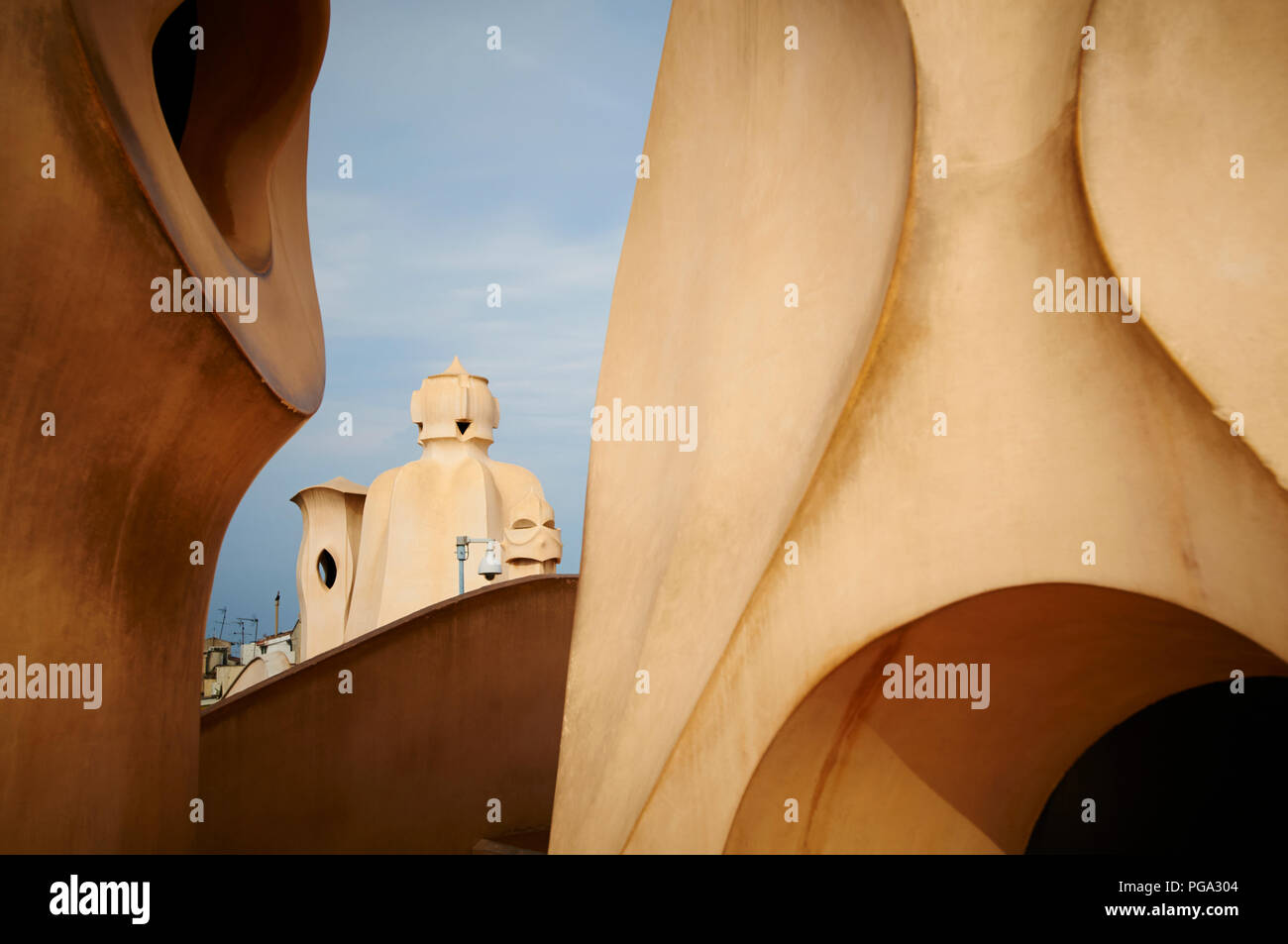 Sculptural structures on the roof top of Casa Milà known as La Pedrera Stock Photo