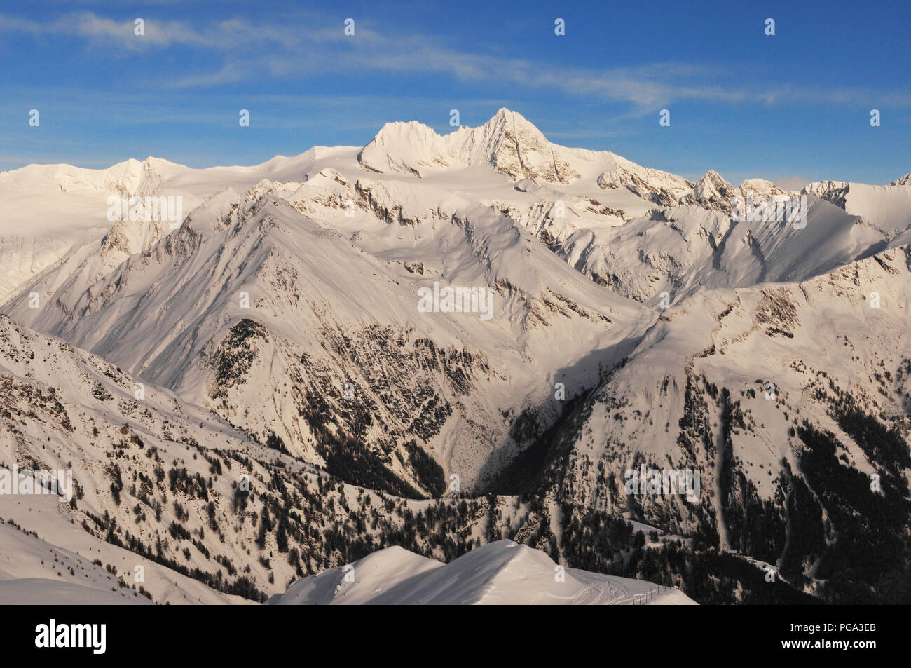 Panoramic mountain view of the Grossglockner Snow mountain range in