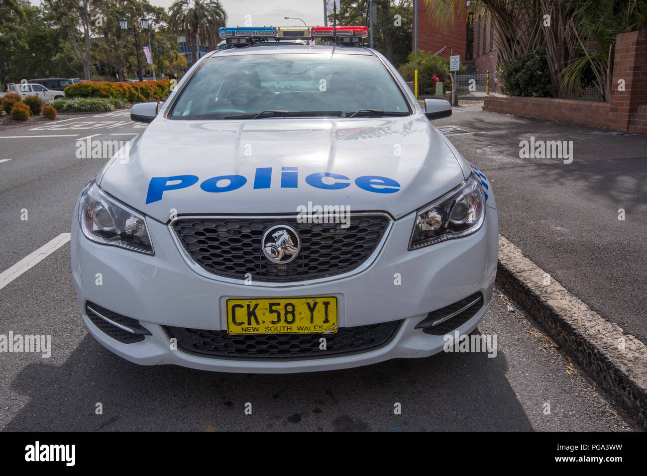 July 2018: Soon to be replaced by BMW 530d and Chrysler SRT Core vehicles, this is the current NSW Highway Patrol, Holden Commodore VF, V8 sedan. Stock Photo