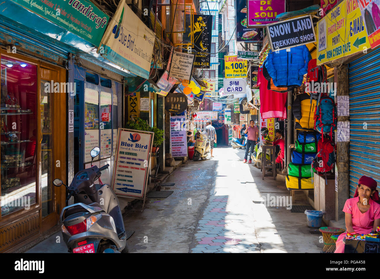 Thamel, Kathmandu, Nepal - July 15, 2018 : Street view in Thamel district, known as the centre of the tourist industry in Kathmandu Stock Photo