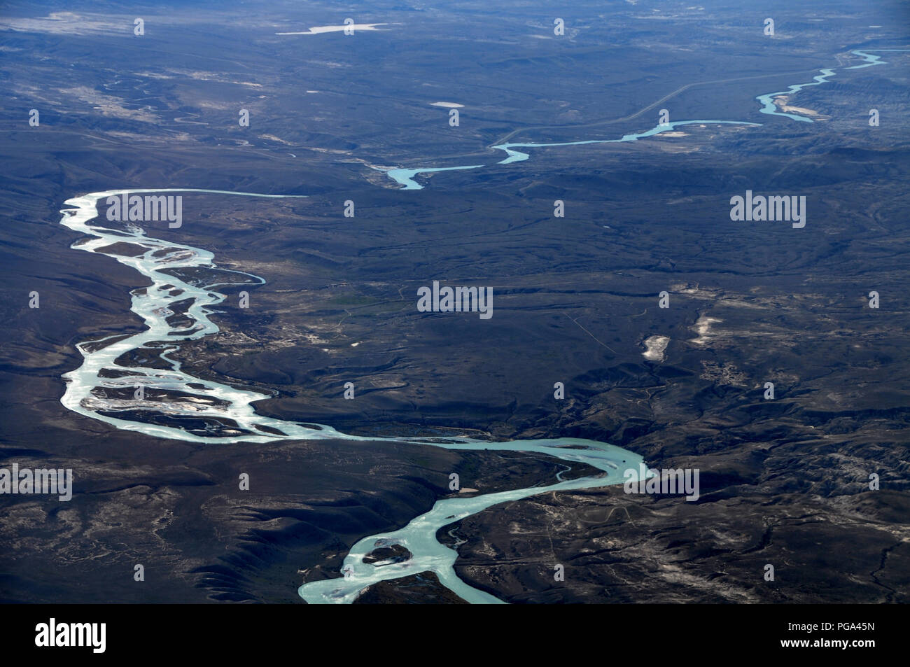 aerial view of a river in Patagonia's steppe Stock Photo