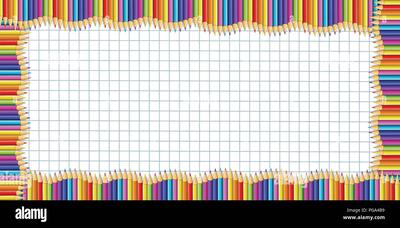 Vector rectangle wavy border made of multicolored wooden pencils
