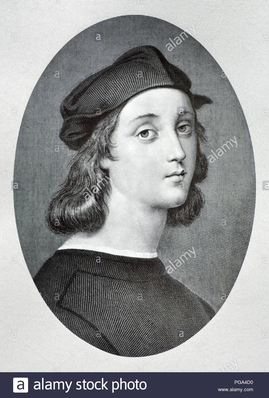Raphael portrait as a youth,1483 – 1520, was an Italian painter and architect of the High Renaissance, antique illustration from 1880 Stock Photo