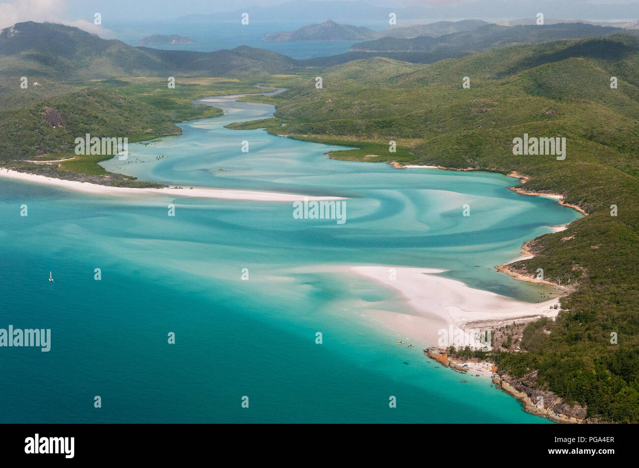 Aerial of Whitsunday Island and the famous Hill Inlet. - Stock Image