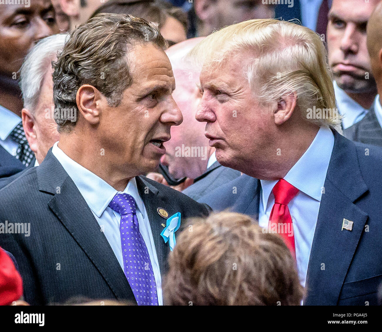 New York, USA, 11 September 2016. US President Donald Trump (candidate at the time)  talks to New York governor Andrew Cuomo  during a September 11 ce Stock Photo