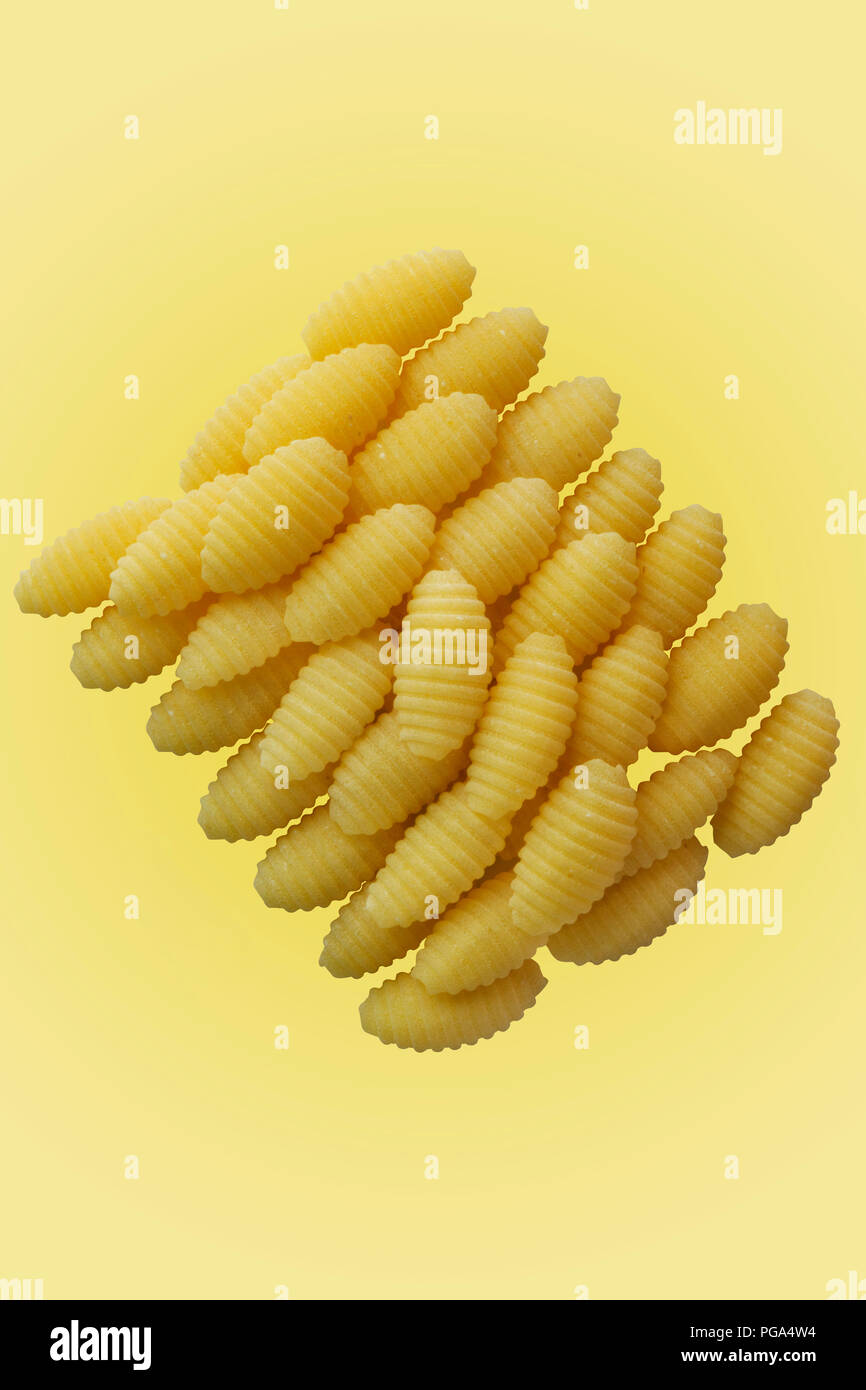 pasta dumplungs of durum wheat semolina also called malloreddus or gnocchetti sardi , Italian pasta , studio shot , yellow  background Stock Photo