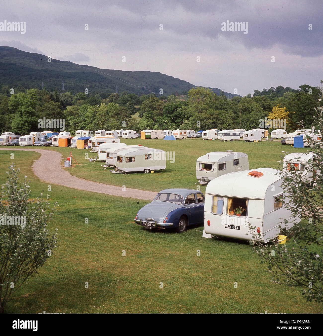 1970, historical, caravans in a field, killin, near loch tay, scotland, UK Stock Photo