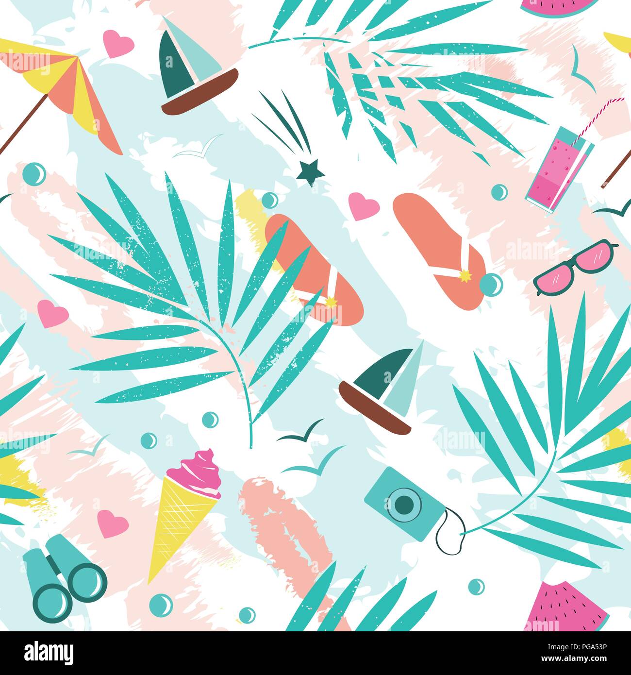 Summer time vector seamless pattern with colorful beach elements