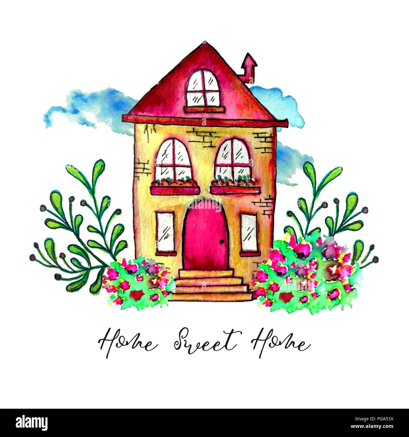 https://c8.alamy.com/comp/PGA53X/sweet-home-label-cute-watercolor-old-building-with-branches-and-herbs-isolated-on-white-background-hand-painted-card-with-happy-house-and-flowers-PGA53X.jpg