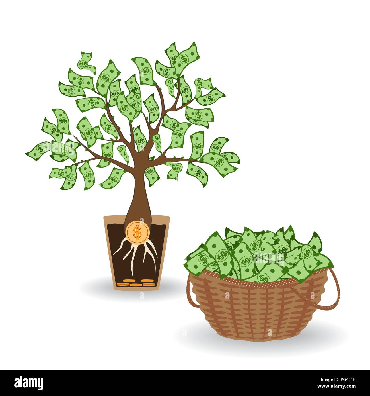 Money tree with a coin root. Green cash banknotes tree in ceramic pot and money basket. Business and investment harvest and income concept Stock Vector
