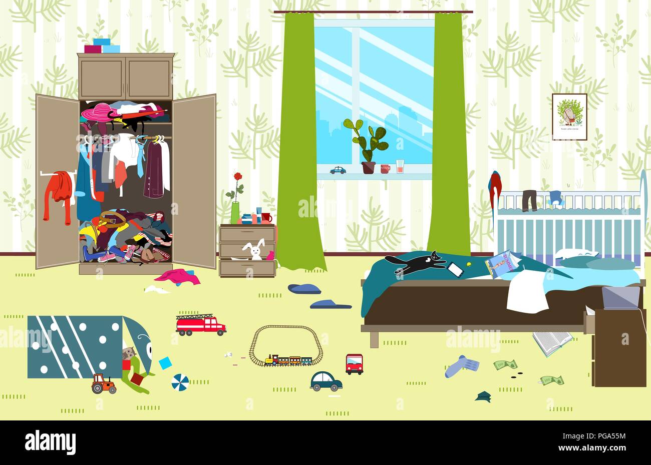 Messy room where young family with little baby lives. Untidy room. Cartoon mess in the room. Uncollected toys, things. Cleaning vector illustration. Stock Vector