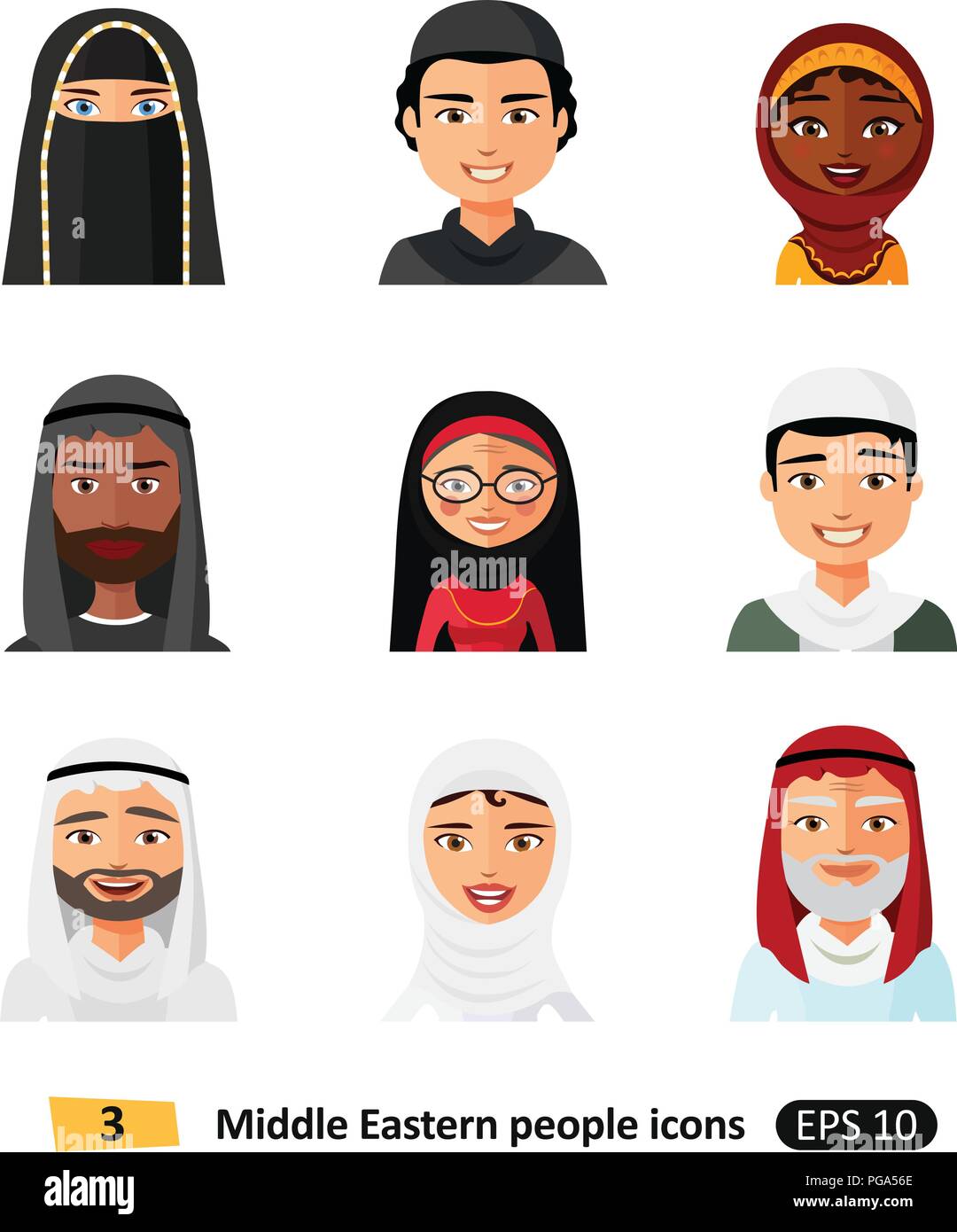 Muslim arab people avatars characters icons set in flat style isolated on white different arabic ethnic man and woman users faces in traditional cloth Stock Vector