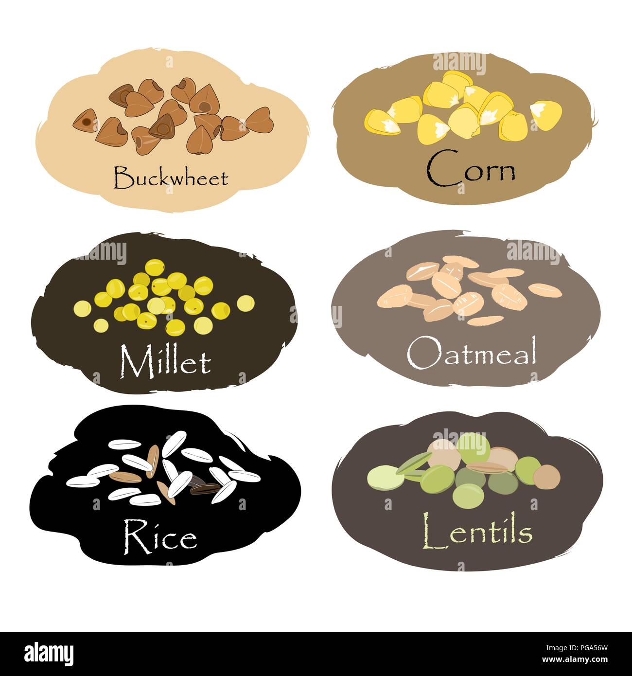 Vector set of cereal and grain emblems. For packing groats, kitchen jar prints, advertising healthy food. Buckwheet, millet, corn, rice, lentils, and Stock Vector
