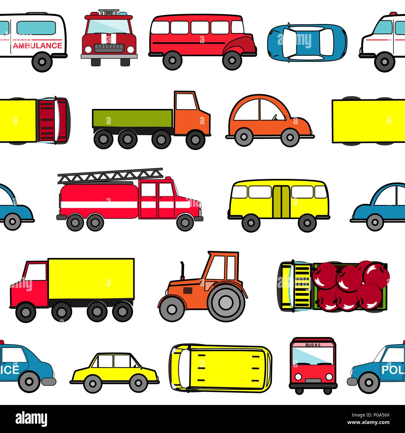 Cute seamless background with cartoon cars. Transport pattern. Vector illustration Stock Vector