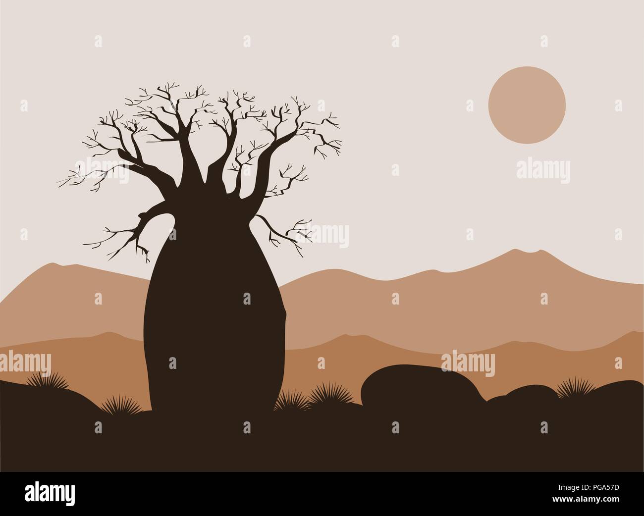 Baobab tree landscape with mountains background. Baobab silhouette. African sunrise. Vector illustration Stock Vector