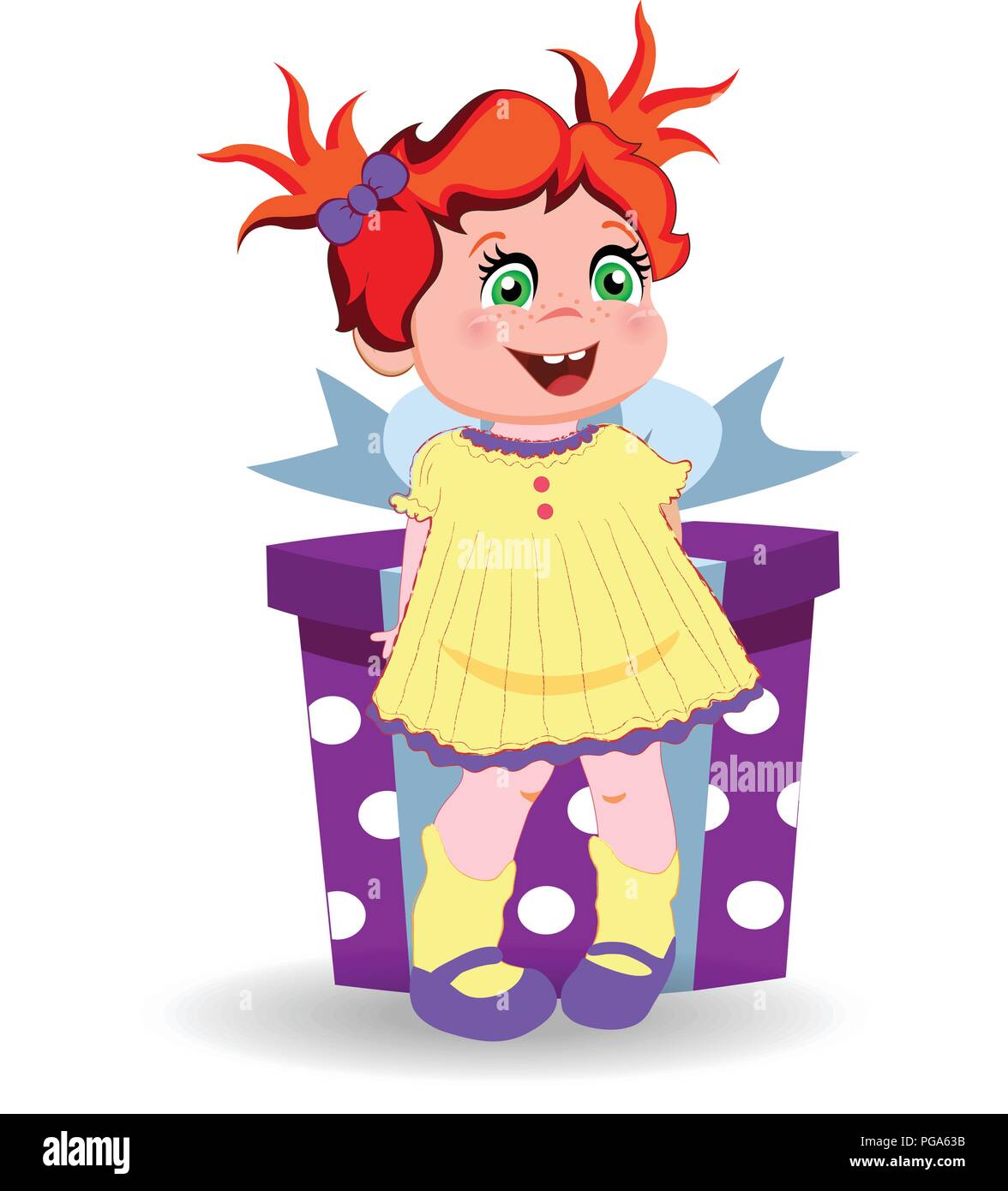 Vector illustration of cute cartoon little girl character with ginger hair  wearing yellow dress holding big gift box on white background. Kawaii baby  Stock Vector Image & Art - Alamy
