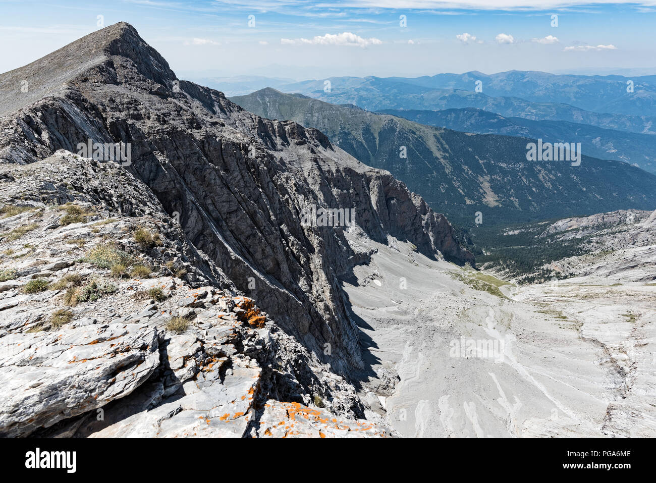 View of Skolio, one of the highest peaks of Mount Olympus in Greece, home of the ancient Greek gods Stock Photo