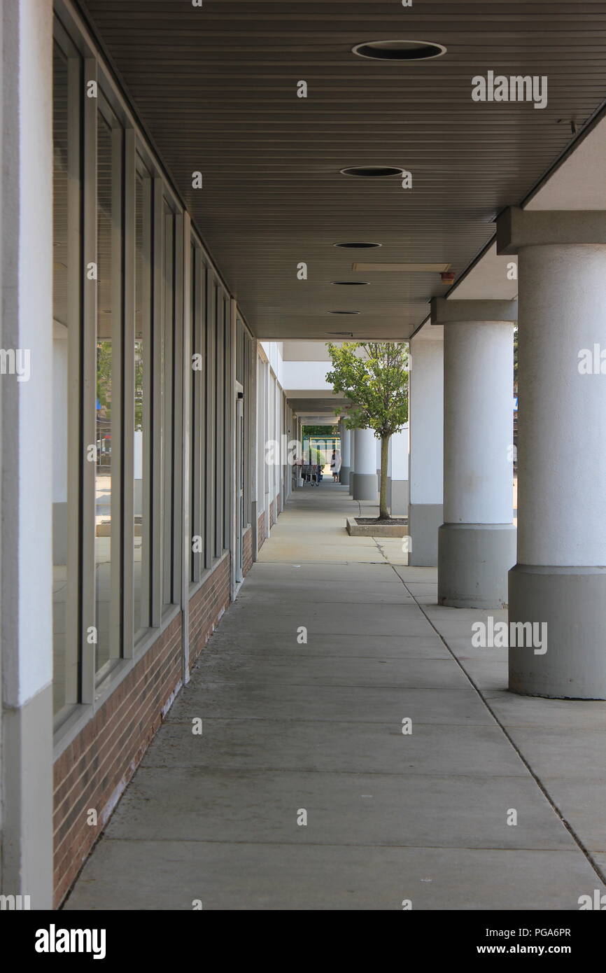 Standard strip mall shopping center in suburban Niles, Illinois, USA on