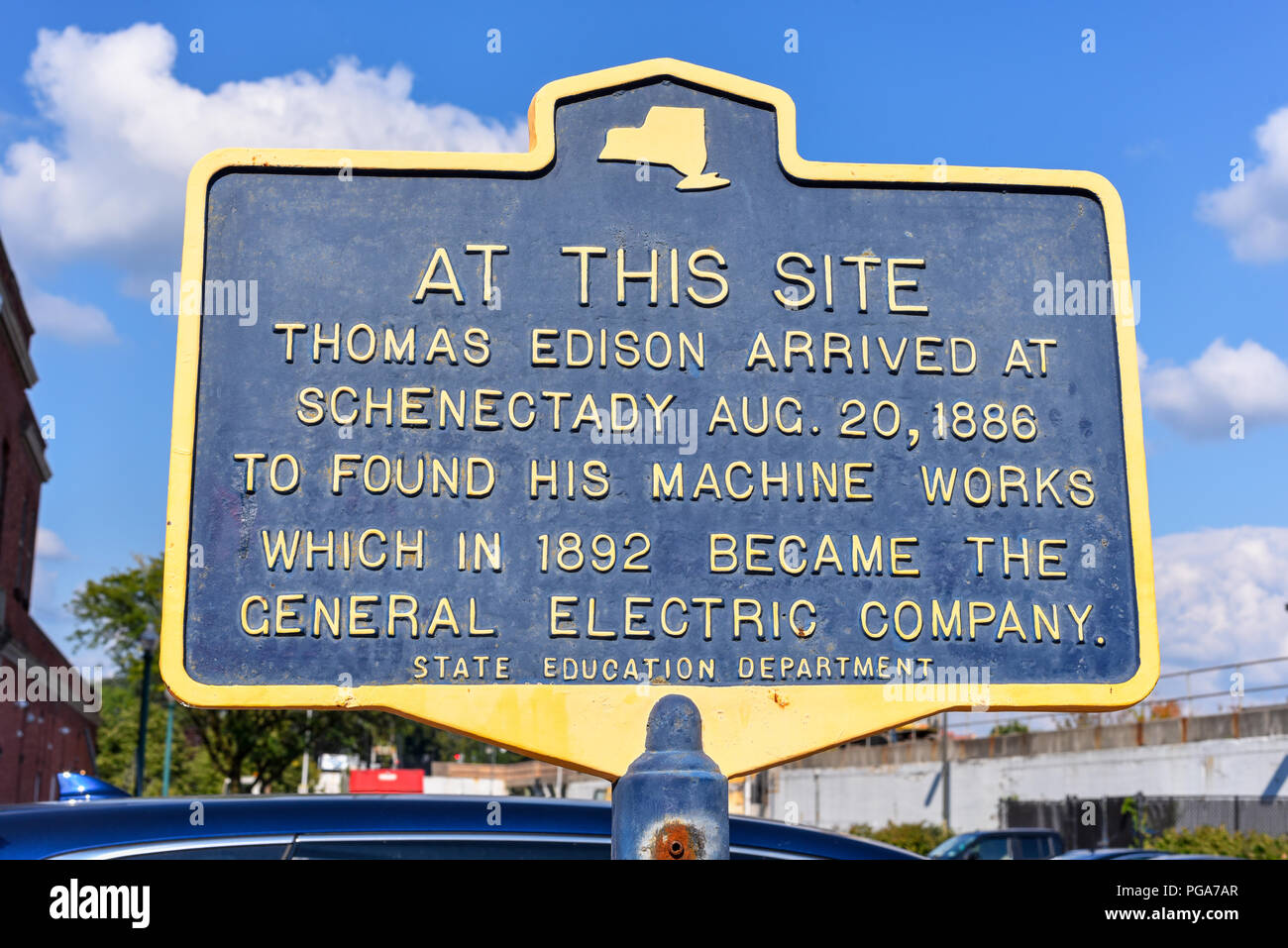 General Electric sign marking the site of Thomas Edison’s first factory in Schenectady, New York, 1886, which later became GE Stock Photo