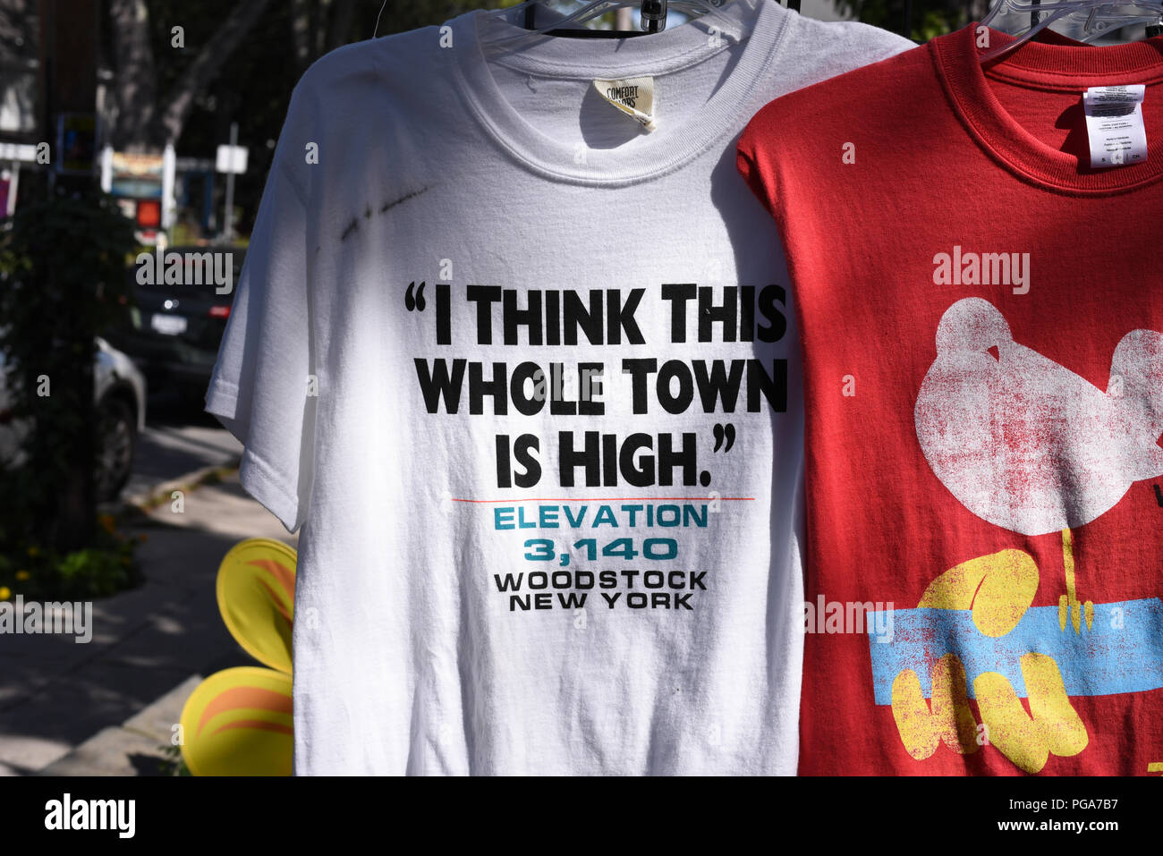 Getting high teeshirt on sale in Woodstock, New York state, USA Stock Photo