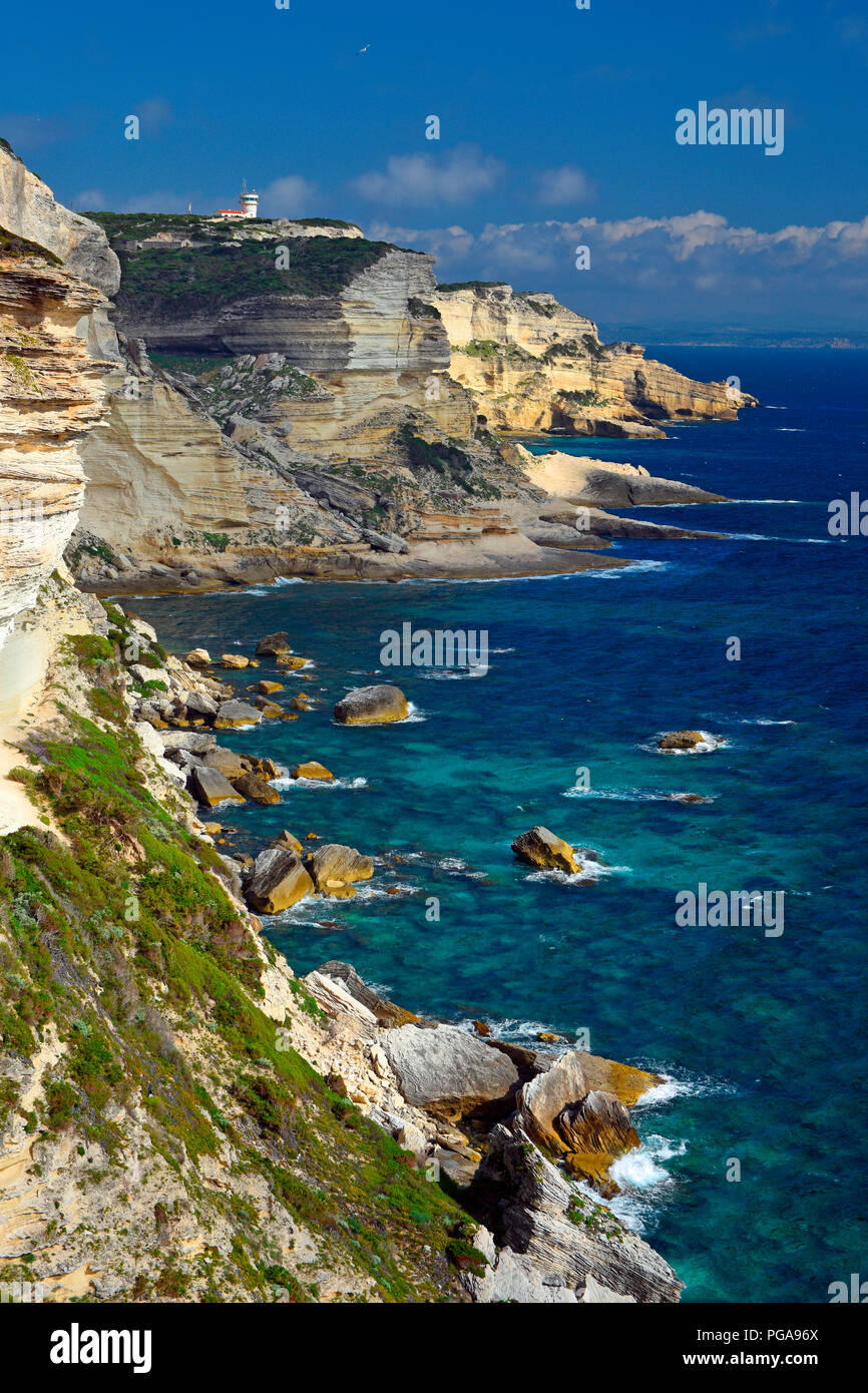 Rugged chalk cliffs and turquoise blue sea, cliffs, Bonifacio, Corsica, France Stock Photo