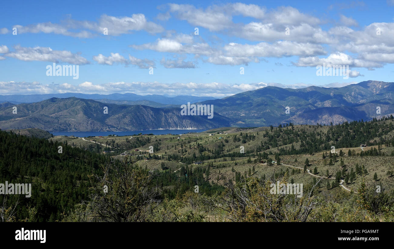The Lake Chelan Valley as seen from Echo Ridge. Lake Chelan is a 55 mile long lake that stretches from the eastern Washington high desert into the Nor Stock Photo