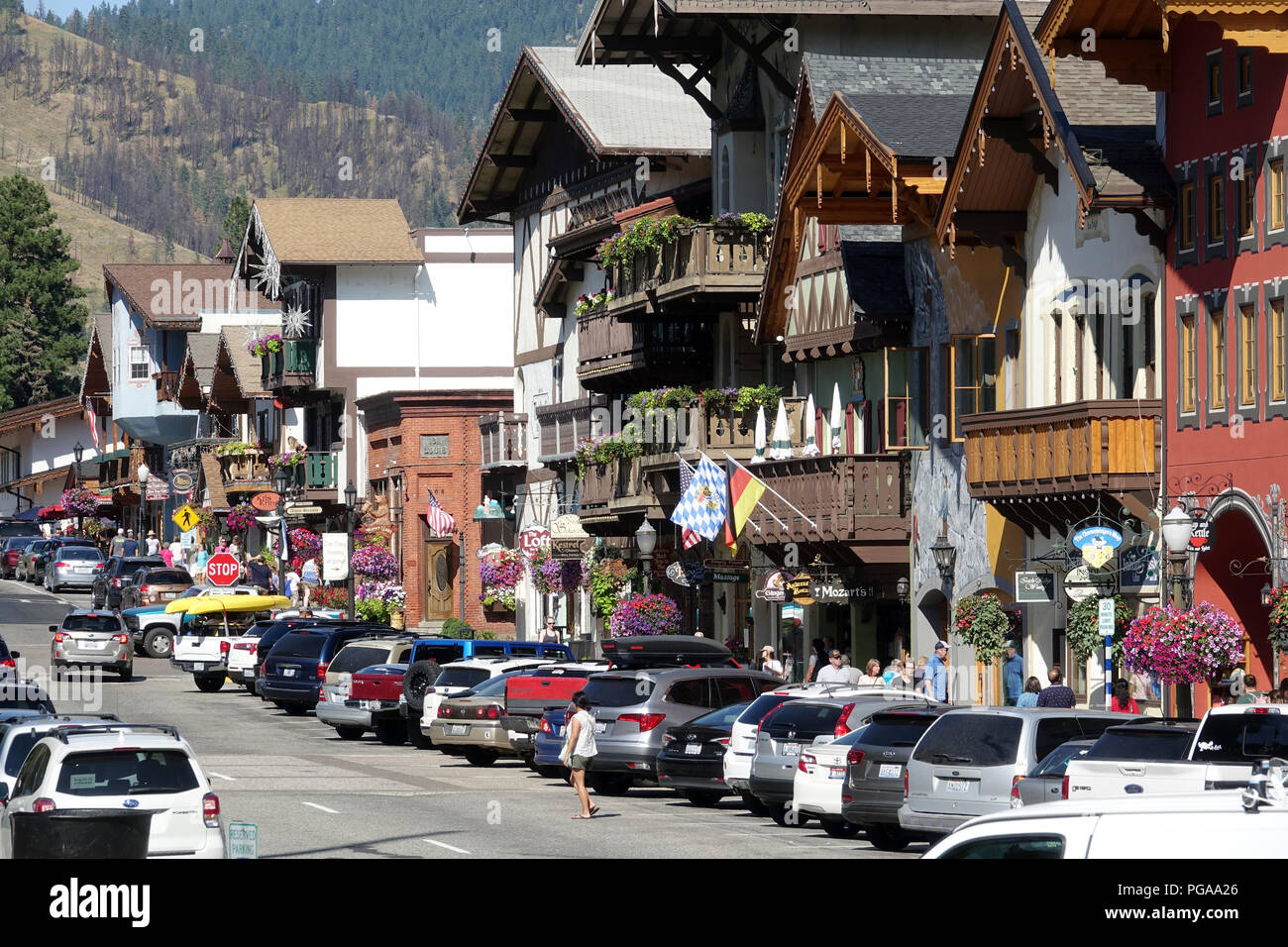Leavenworth Washington is a Bavarian Theme Town on the eastern slopes of the Cascade Mountains two hours away from Seattle region. Leavenworth has a h Stock Photo