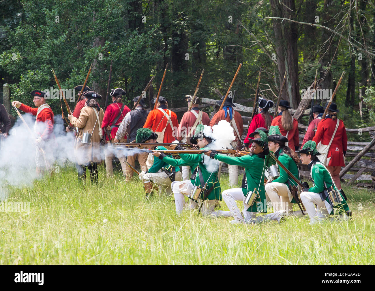 MCCONNELLS, SC (USA) - July 14, 2018:  Revolutionary War reenactors in British uniforms recreate the Battle of Huck’s Defeat at Historic Brattonsville Stock Photo