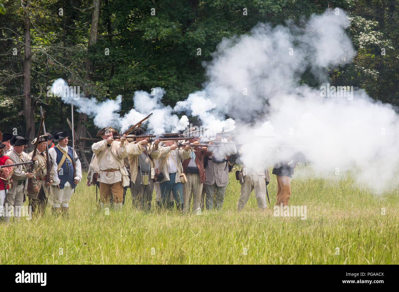 MCCONNELLS, SC (USA) -July 14, 2018:  Revolutionary War reenactors representing American Patriots recreate the Battle of Huck’s Defeat. Stock Photo