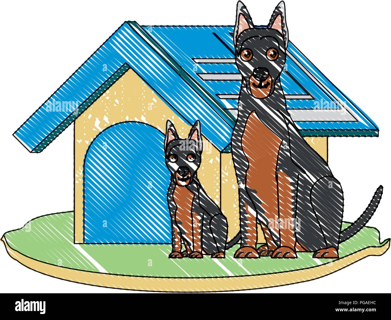 cute dog house and dobermans over white background, vector illustration